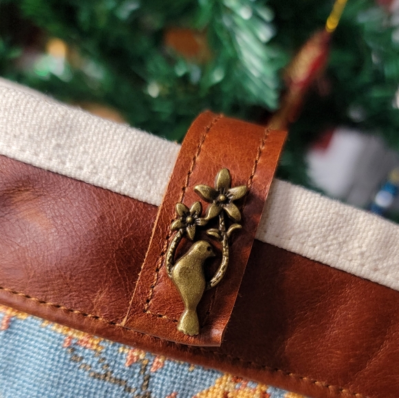 Handmade upcycled needlepoint & leather  purse - Picture 2 of 5